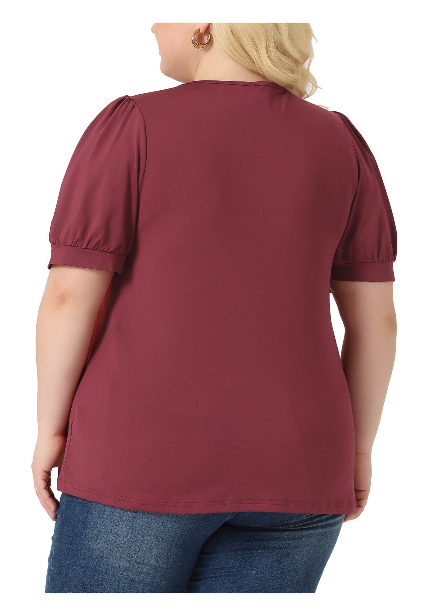 Puff Short Sleeve Crew Neck Pleated Tunic Blouse, Burgundy / Burgundy, alternate image number 3