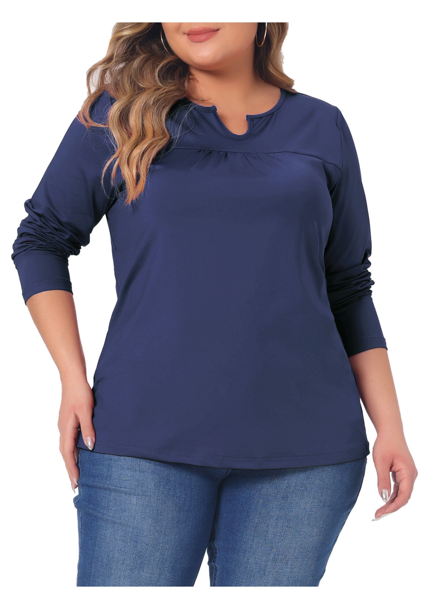 NOTCHED NECK LONG SLEEVE T-SHIRT LOOSE CASUAL TUNIC BLOUSE, Dark Blue / Navy, alternate image number 2