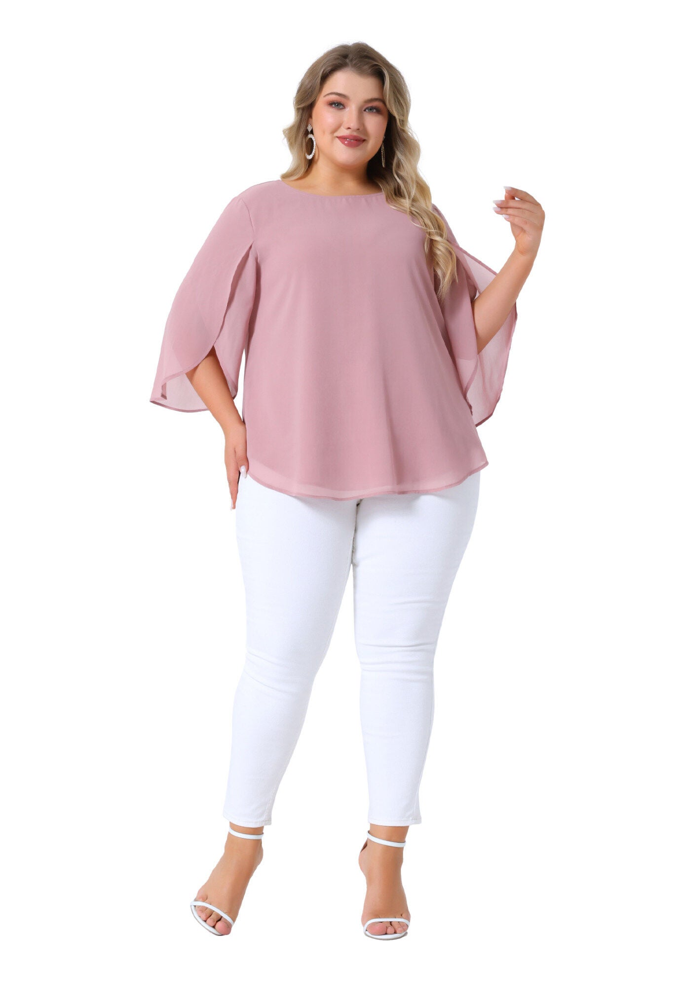 Flutter Petal Half 3/4 Sleeve Loose Chiffon Top, Pink / Pink, hi-res image number 0