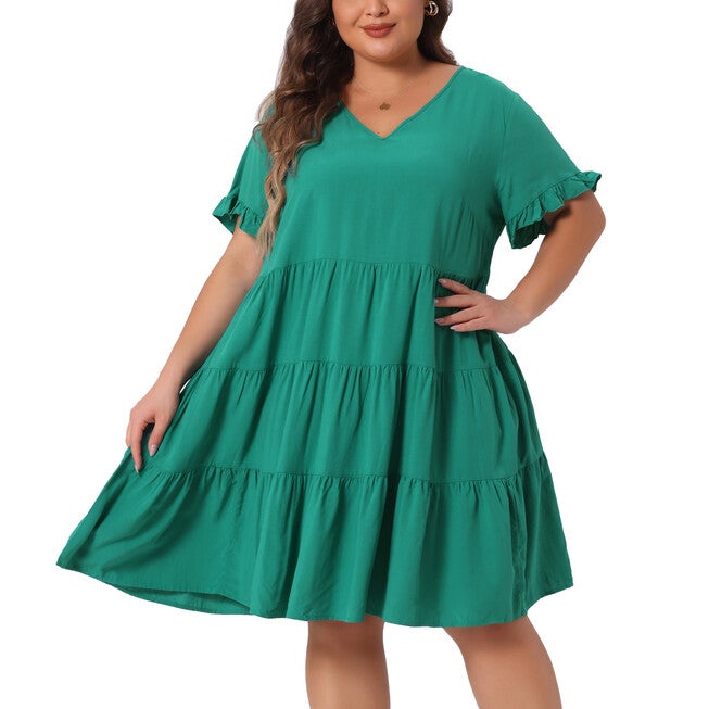 V Neck Ruffle Sleeve with Pockets Swing A Line Tiered Dress, Green / Teal, alternate image number 1