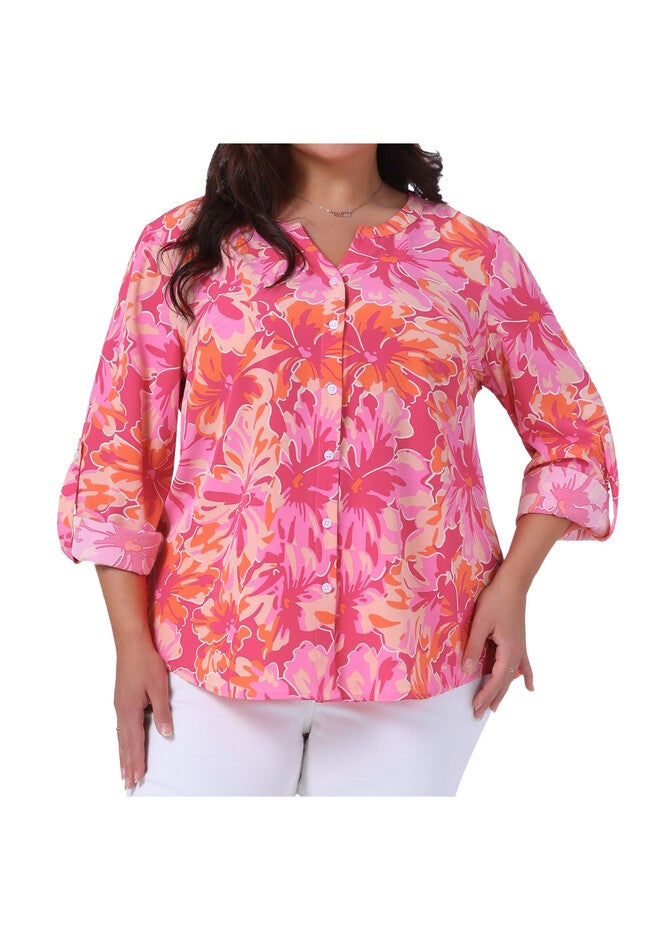 Floral Long Sleeve Notched V Neck Shirt Blouse, Hot Pink / Pink, alternate image number 2