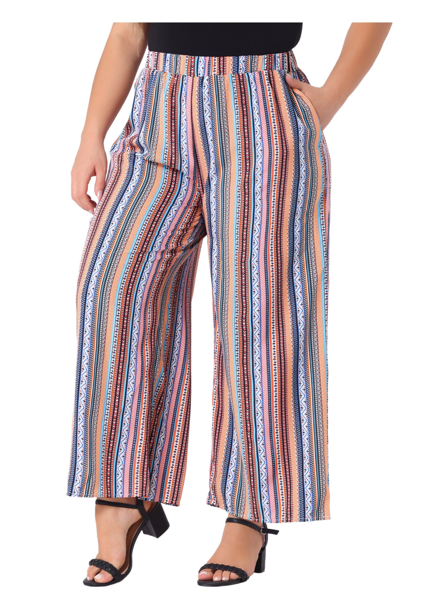 STRIPE BOHO WIDE LEG PAPER BAG PALAZZO PANTS, Orange Red / Orange, alternate image number 1