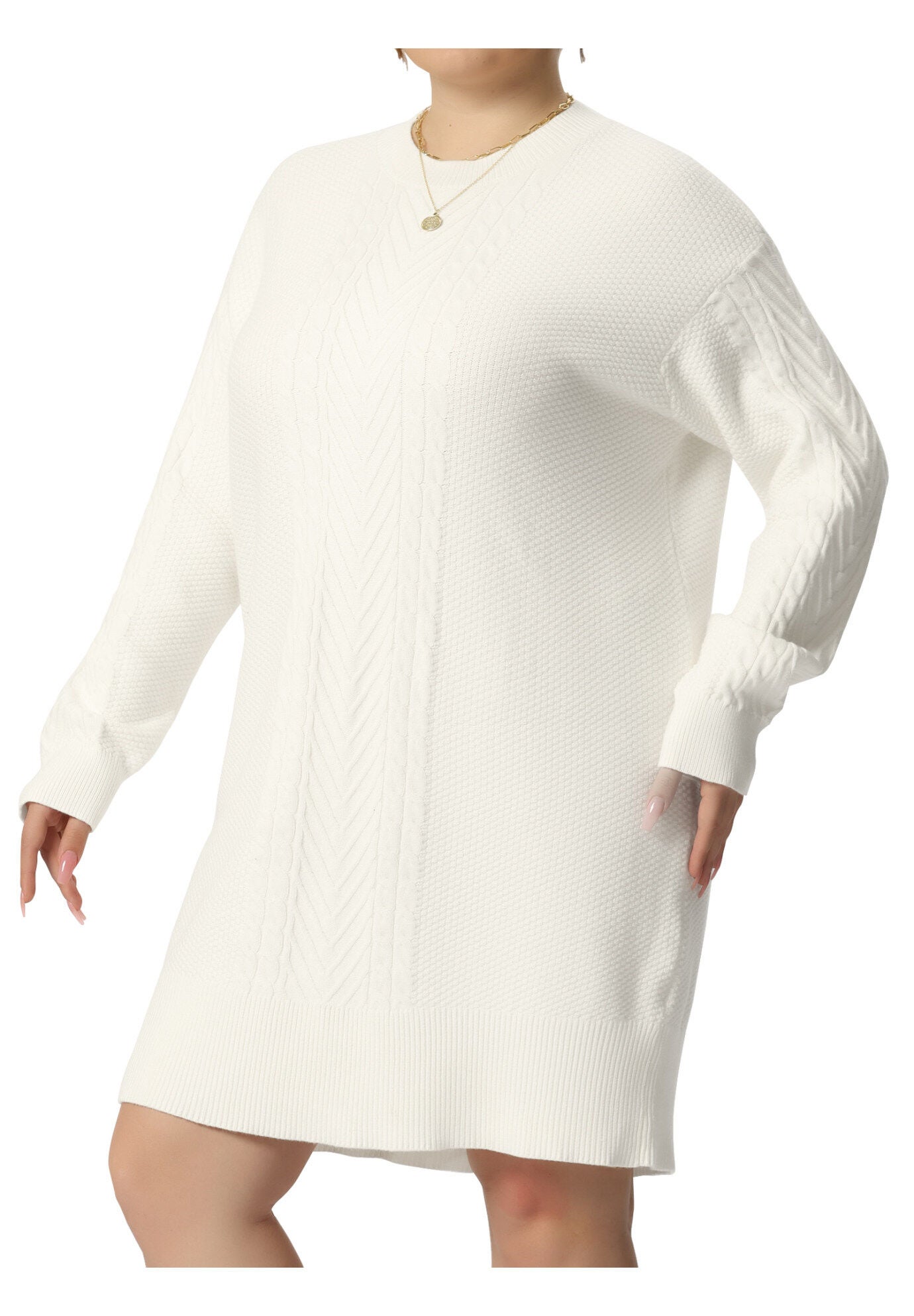 CREWNECK LONG SLEEVE KNIT TUNIC PULLOVER SHORT SWEATER DRESS, White / White, alternate image number 2
