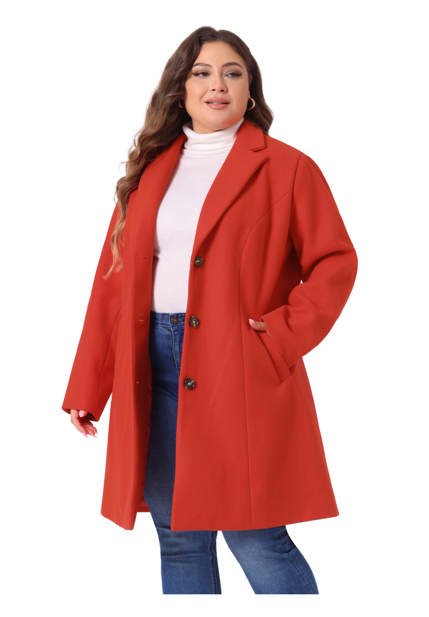 SINGLE BREASTED NOTCHED LAPEL LONG WINTER COAT, Red / Red, alternate image number 2
