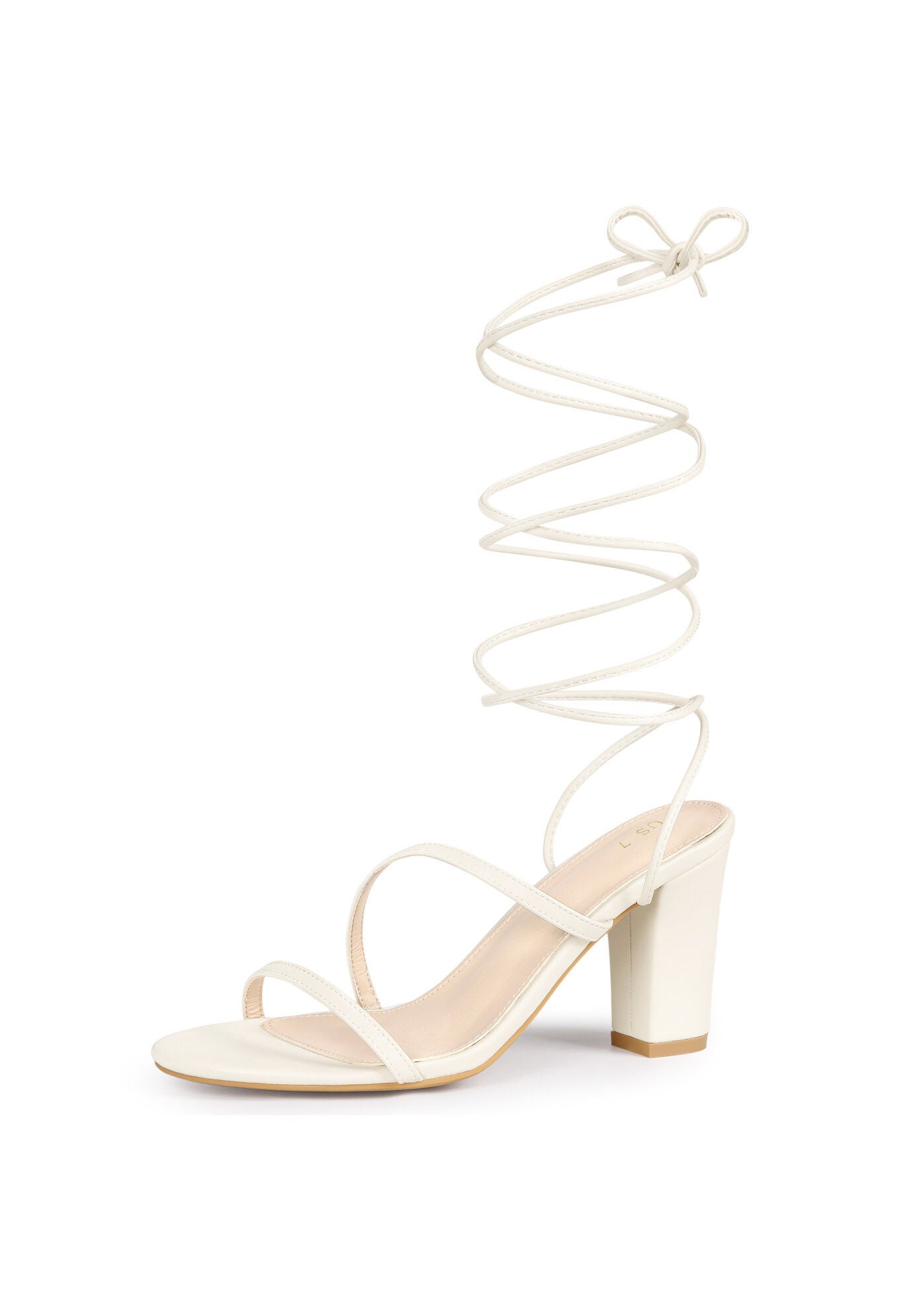 Lace Up Block Heel Strappy Heels Sandals, Cream / Cream, alternate image number 3