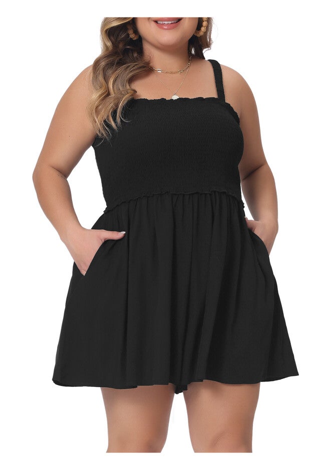 SLEEVELESS ROMPERS SQUARE COLLAR FLOWY SHORT JUMPSUIT, Black / Black, alternate image number 1