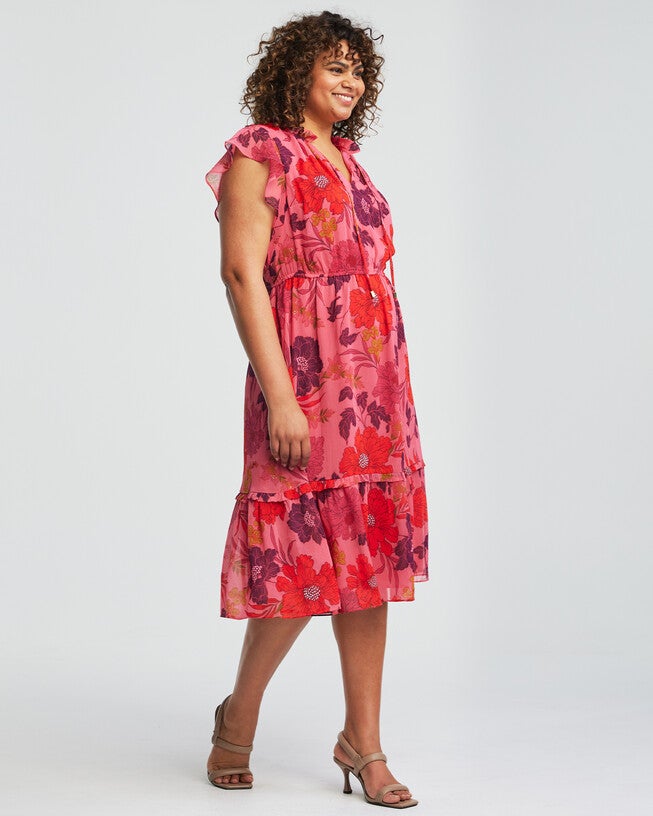 Delta Pink Floral Midi Frill Dress, Print / Pink, alternate image number 3