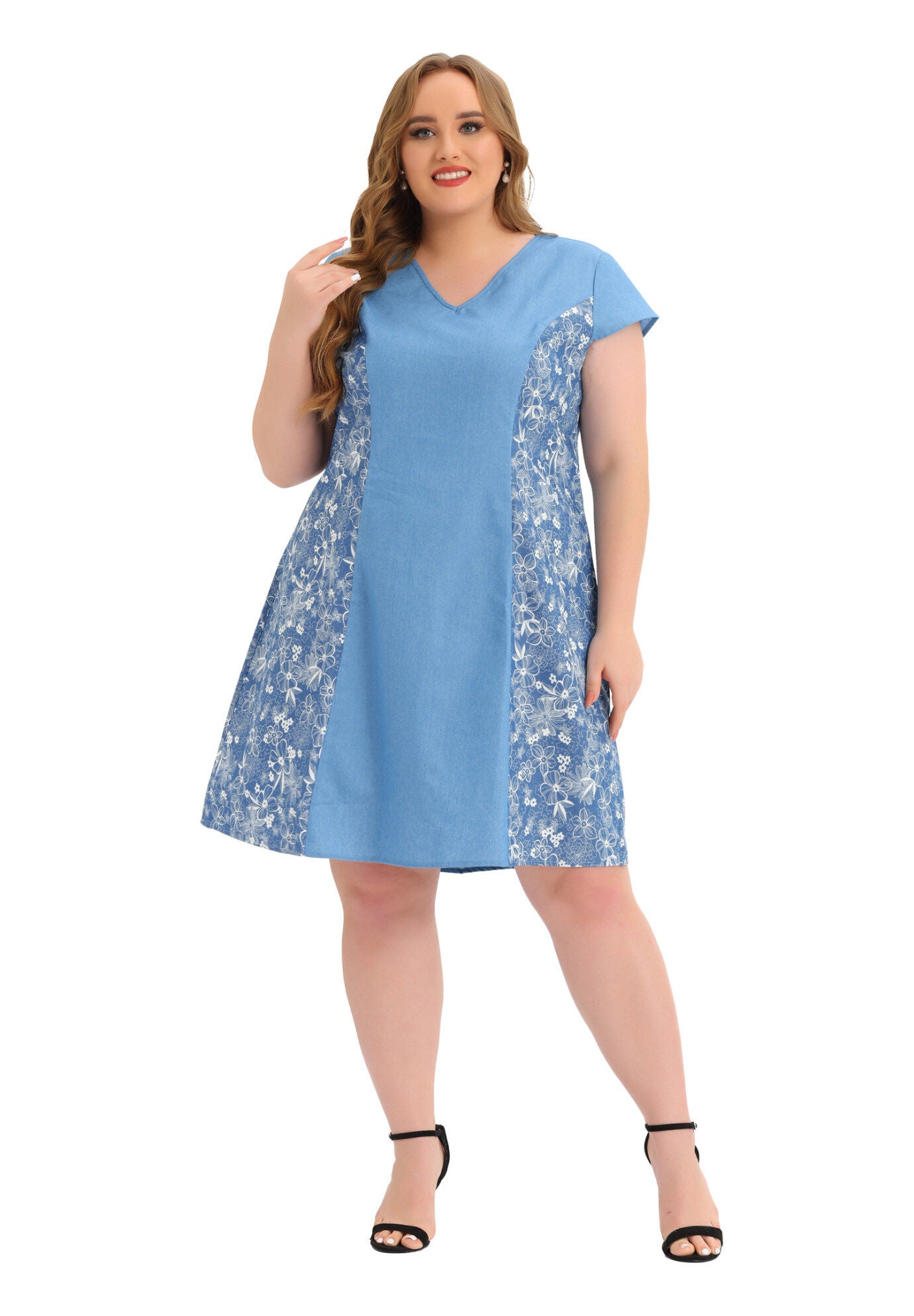Chambray Cap Sleeve V Neck Floral Print Midi Dresses, Blue / Light Blue, hi-res image number 0