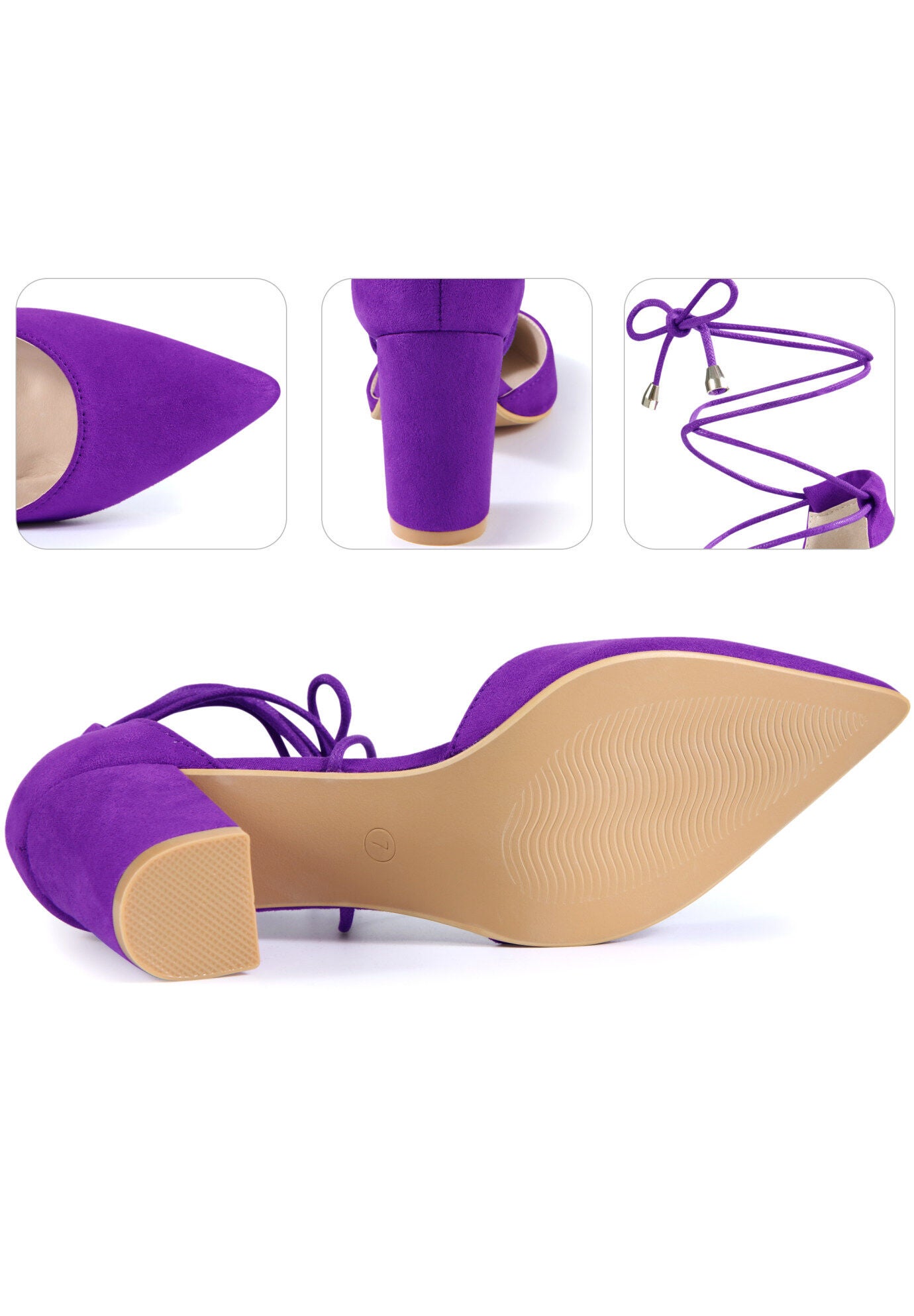 Pointy Toe Lace Up Chunky Heeled Sandal Pumps, Purple / Purple, alternate image number 2