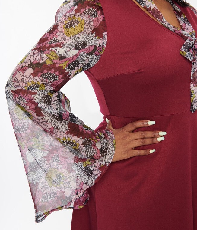 Smak Parlour Berry & Floral Bell Sleeve Flare Dress, BurgundyFloral / Burgundy, alternate image number 1