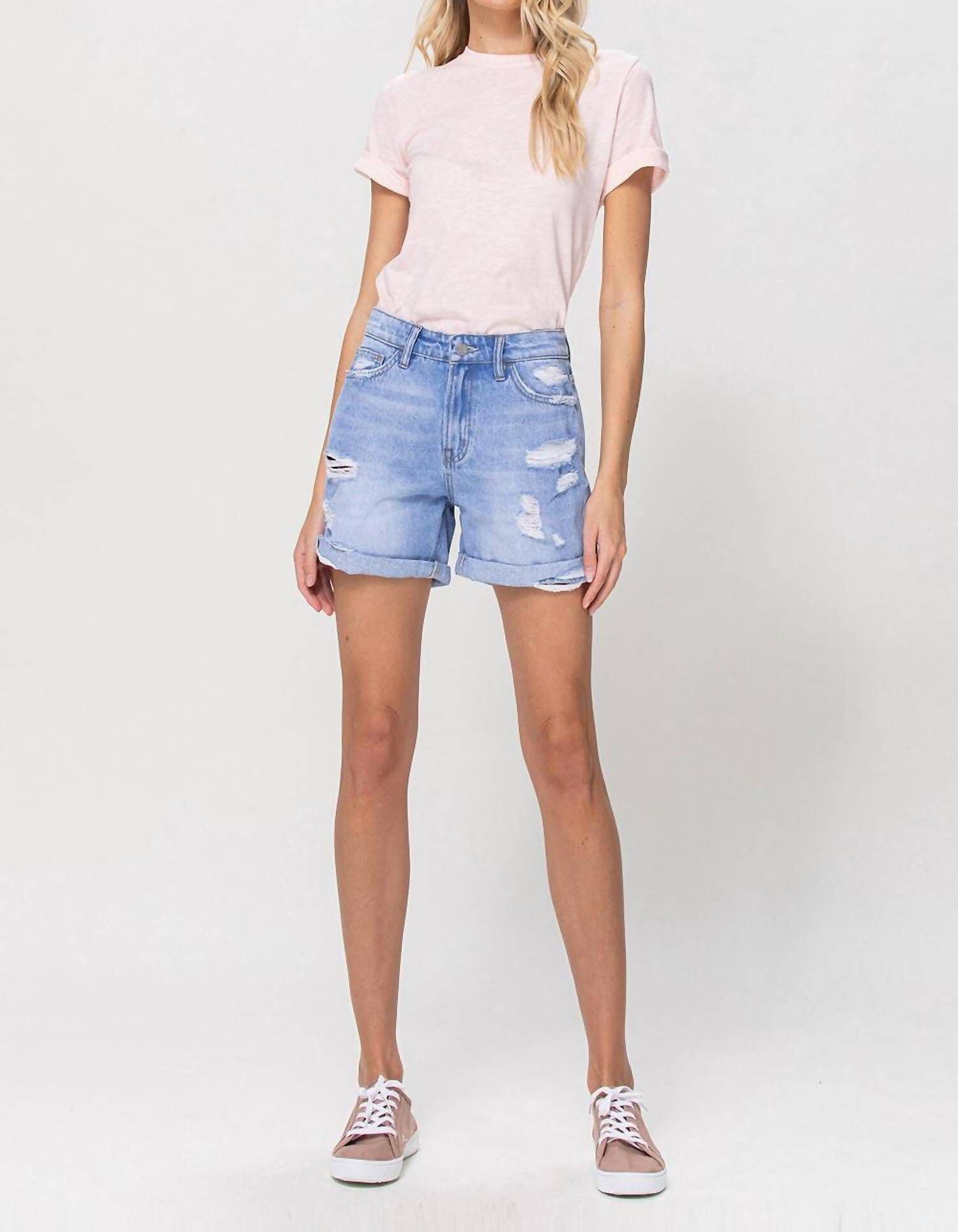Distressed Boyfriend Rebecca Short With Cuffs In Light Wash, Light Wash / Light Wash, hi-res image number 0