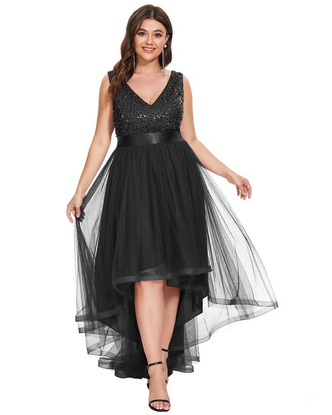 Sleeveless Sequin Ribbon Waist Tulle High Low Evening Dress, , alternate image number 8