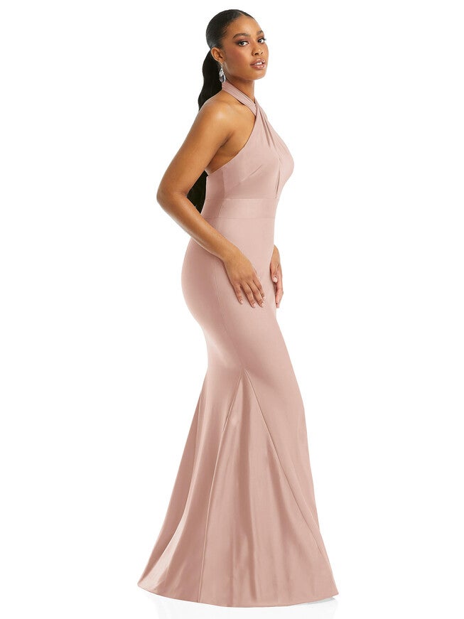 Criss Cross Halter Open-Back Stretch Satin Mermaid Dress | Dia & Co Criss Cross Halter Open-Back Stretch Satin Mermaid Dress | Dia & Co