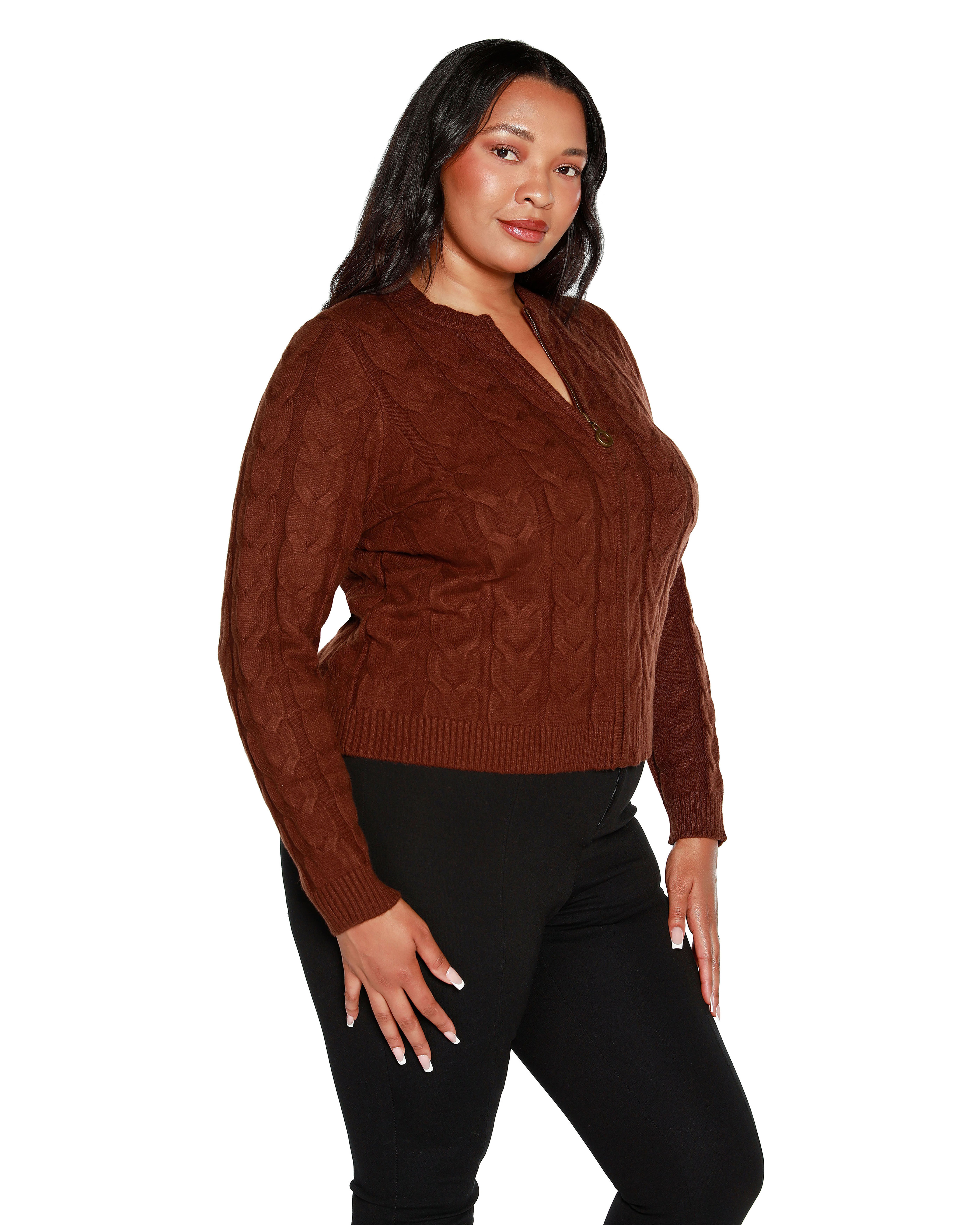 ZIP CABLE SWEATER, Coffee Bean / Brown, alternate image number 2