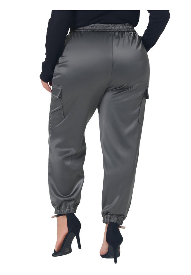 SATIN JOGGERS ELASTIC WAIST ATHLEISURE ANKLE LENGTH CARGO PANTS, Dark Gray / Charcoal Grey, alternate image number 3