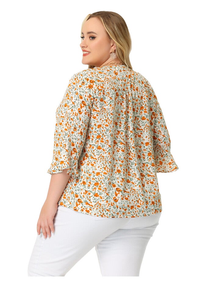 Pleated Long Sleeves V Neck Floral Blouse Top, White / White, alternate image number 3