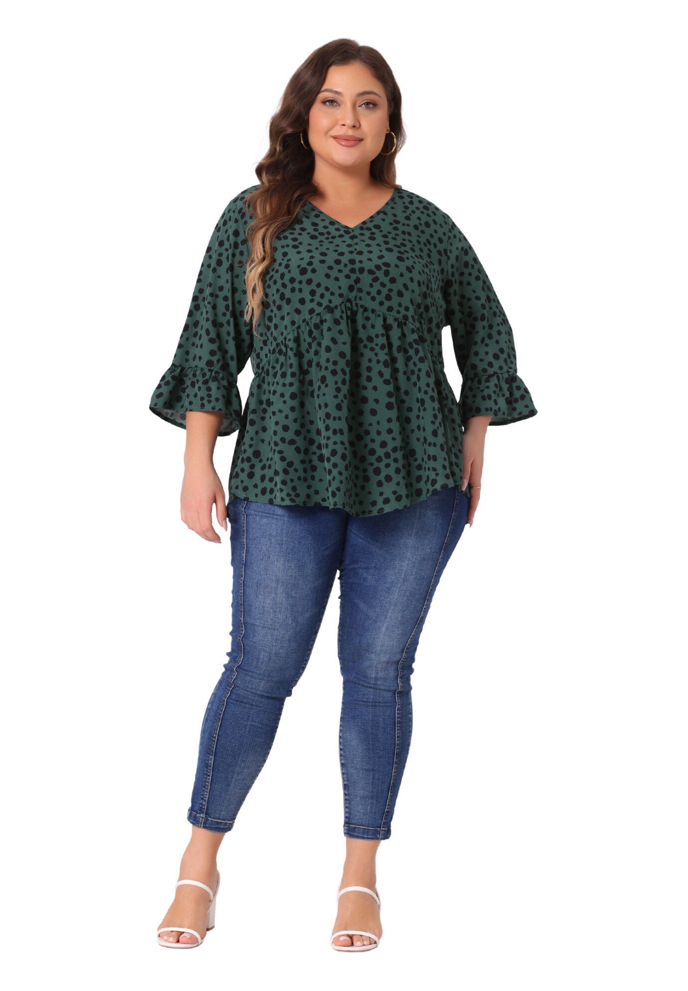 Polka Dots Blouse 3/4 Ruffle Sleeve Peplum Top, Dark Green / Hunter Green, hi-res image number 0