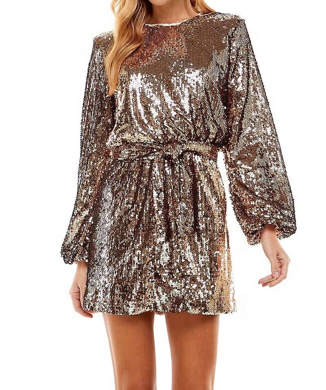 INTO THE NIGHT SEQUIN BELTED MINI DRESS IN COPPER, Copper / Brown, hi-res image number null