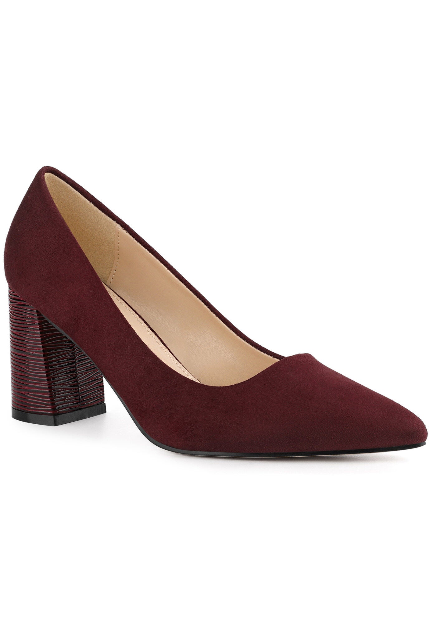 Pointy Toe Slip on Plaid Chunky Heel Dress Pumps, Burgundy / Burgundy, hi-res image number 0