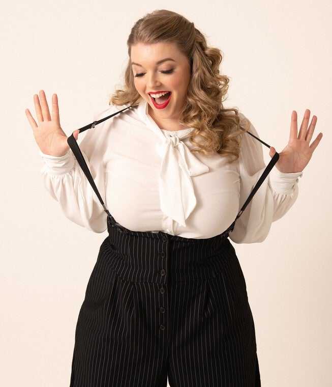 Unique Vintage Plus Size White Neck Tie Gwen Blouse, White / White, alternate image number 2