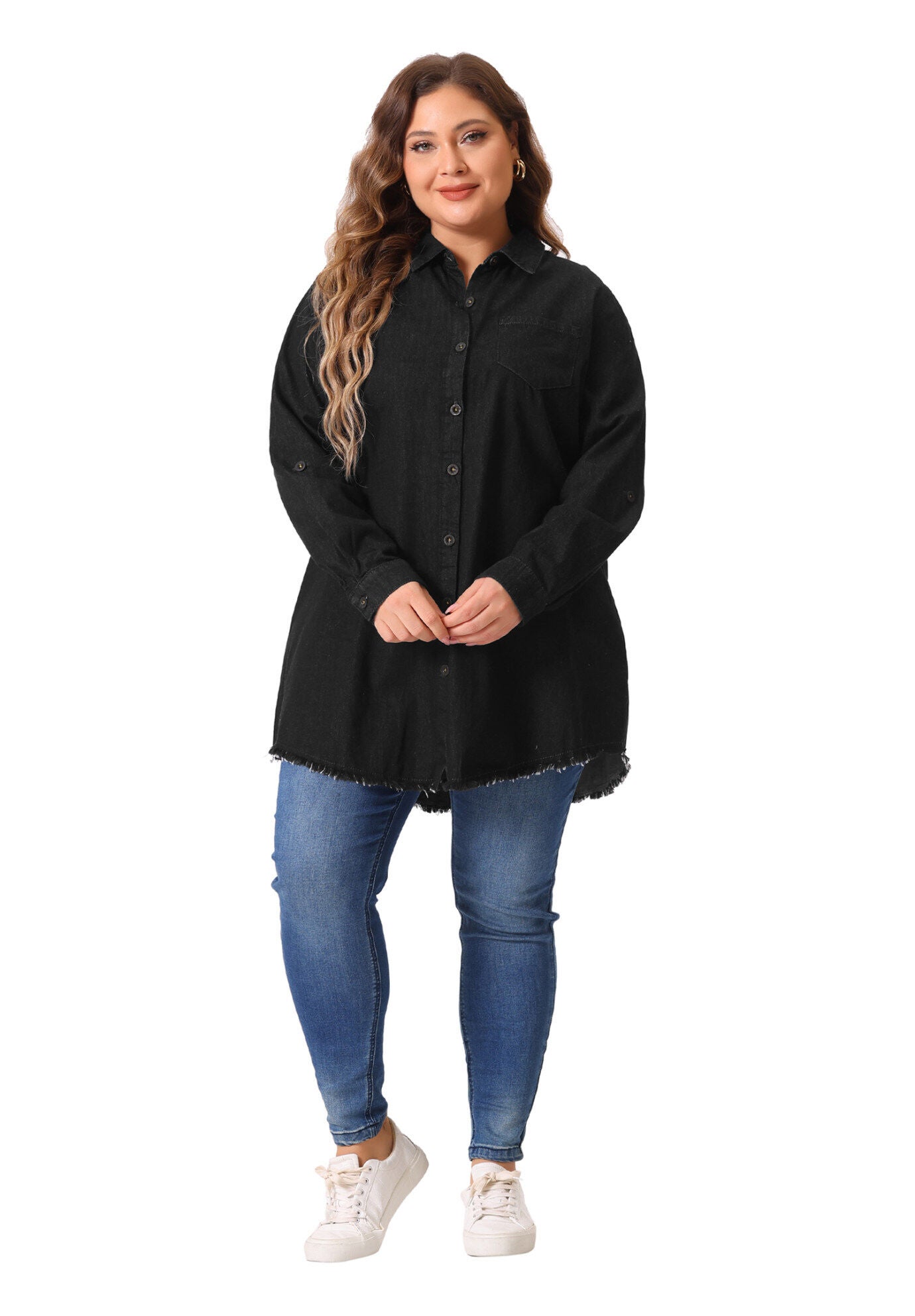 CHAMBRAY TOP BUTTON DOWN DENIM SHIRT, Black / Black, hi-res image number 0