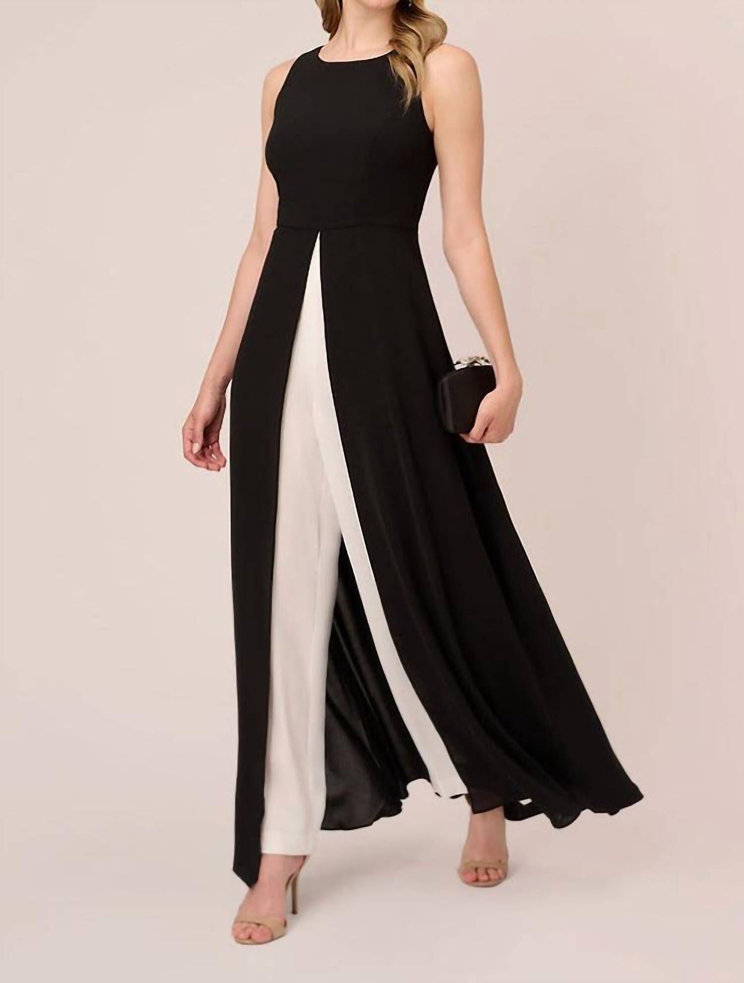 COLORBLOCK JUMPSUIT WITH SKIRT OVERLAY IN BLACK & IVORY, Black  Ivory / Black, alternate image number 1