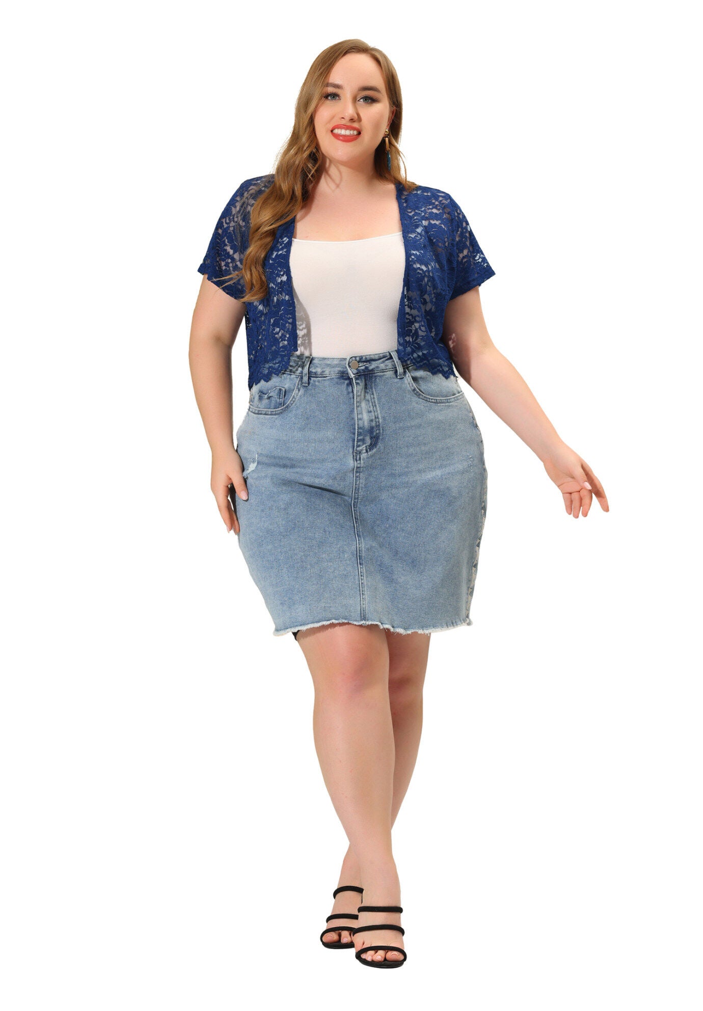 OPEN FRONT SHORT SLEEVE CROCHET LACE CROPPED BOLERO SHRUG CARDIGAN, Navy / Navy, hi-res image number 0