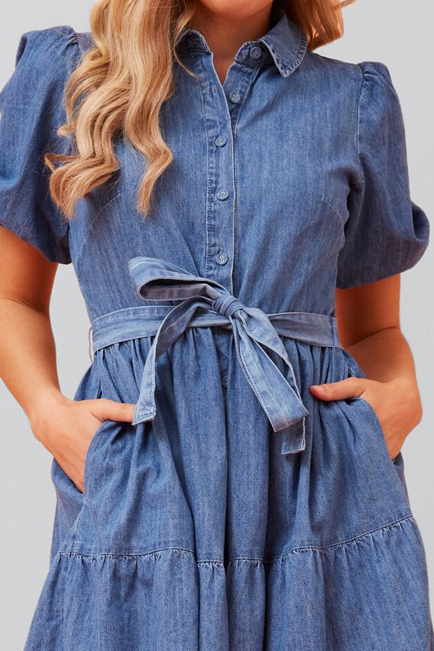 Bella Denim Tiered Shirt Dress Short Sleeves Belt, Blue / Light Blue, alternate image number 4