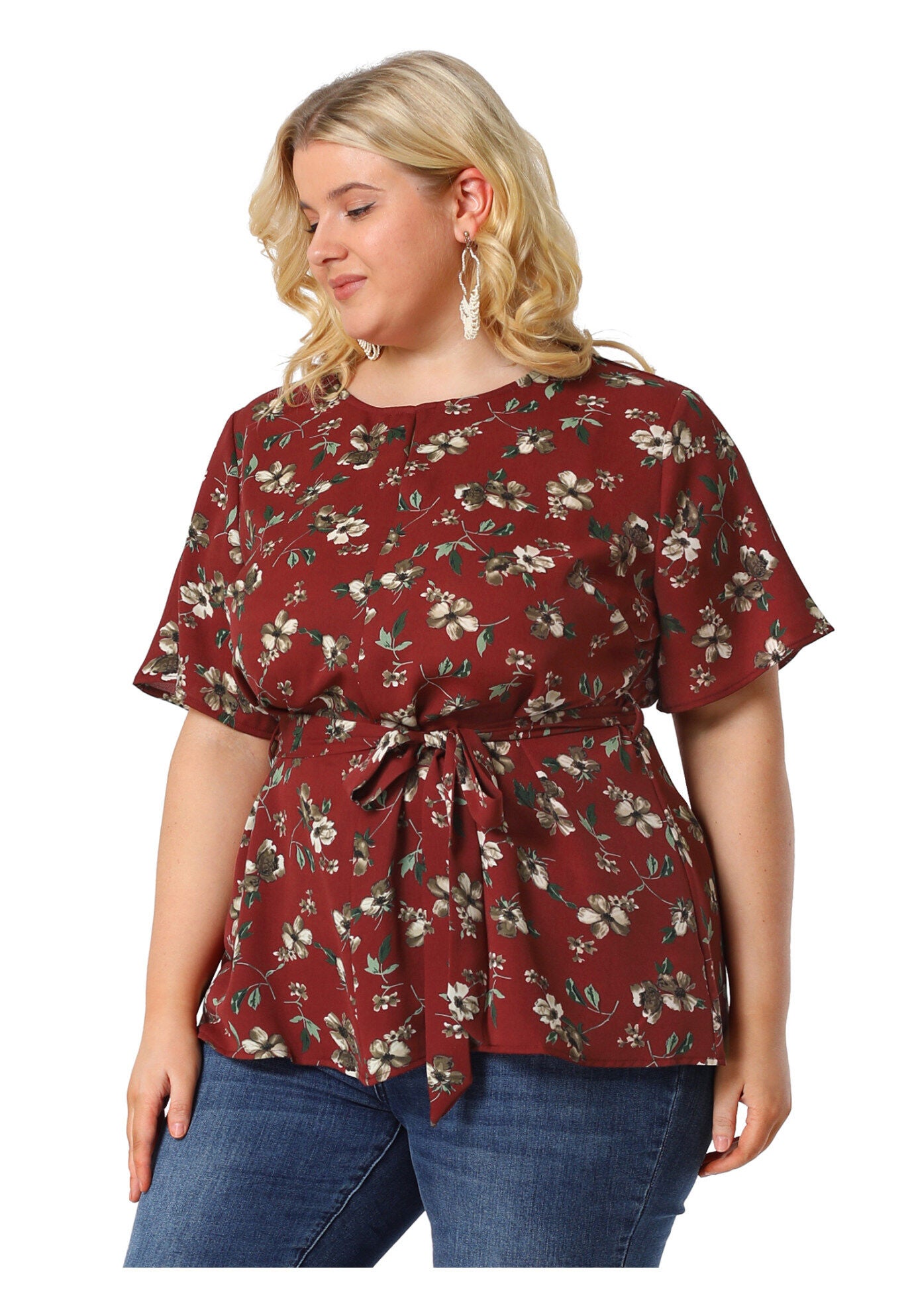 Tie Waist Floral Print Blouse Peplum Summer Top, Burgundy / Burgundy, alternate image number 3