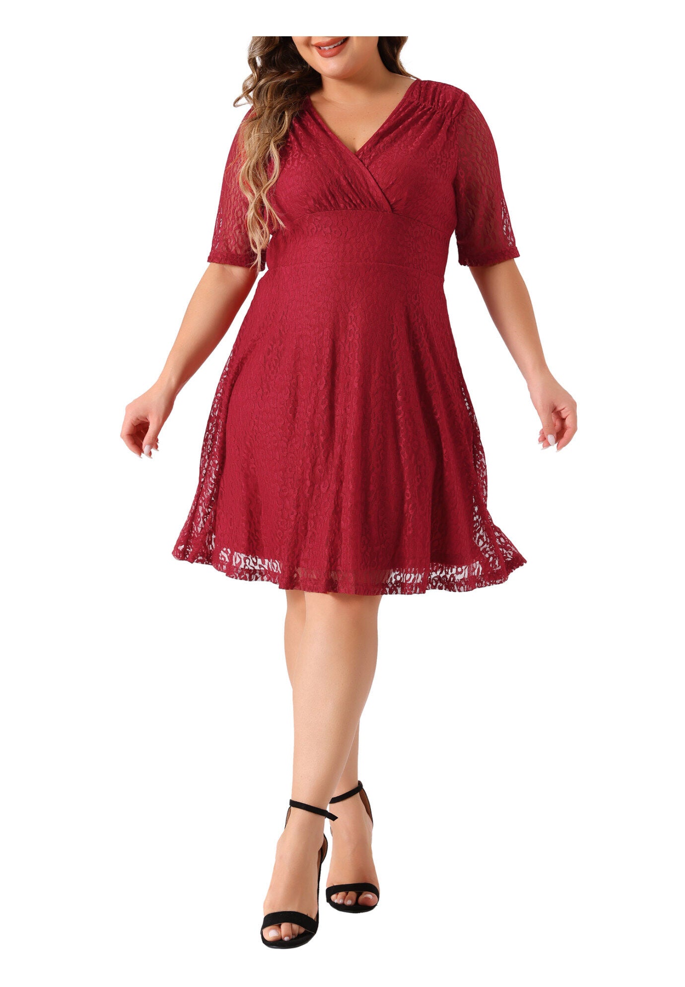 Lace Swing A-Line Cocktail Midi Dress, Red / Red, alternate image number 1