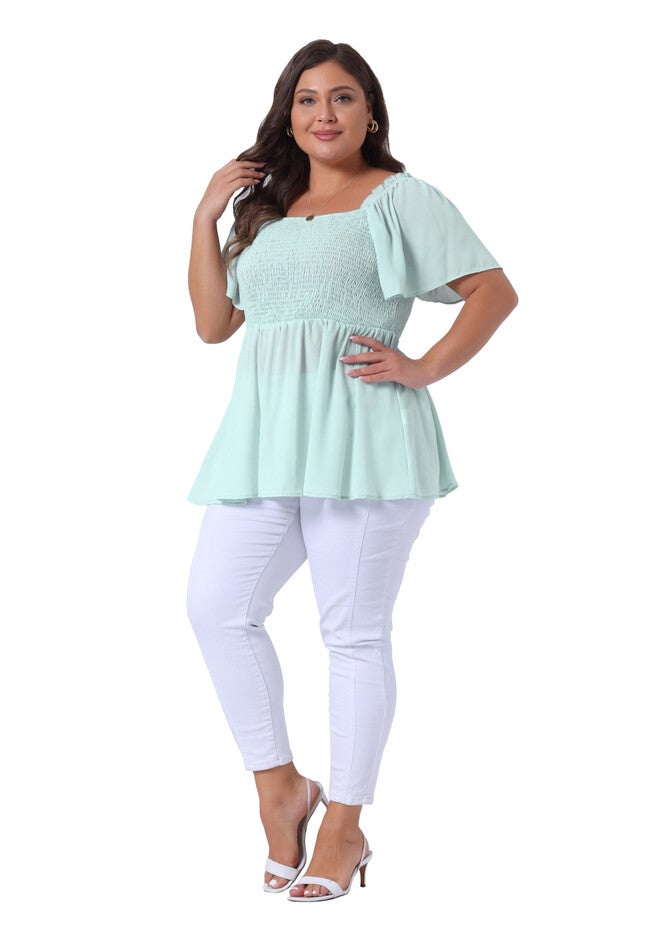 Square Neck Short Sleeve Ruffle Hem Loose Fit Blouse, Light Green / Light Green, hi-res image number 0