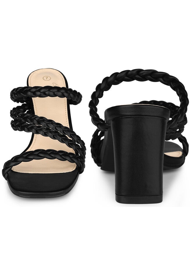 Braided Heeled Square Toe Chunky Heels Slide Sandals, Black / Black, alternate image number null