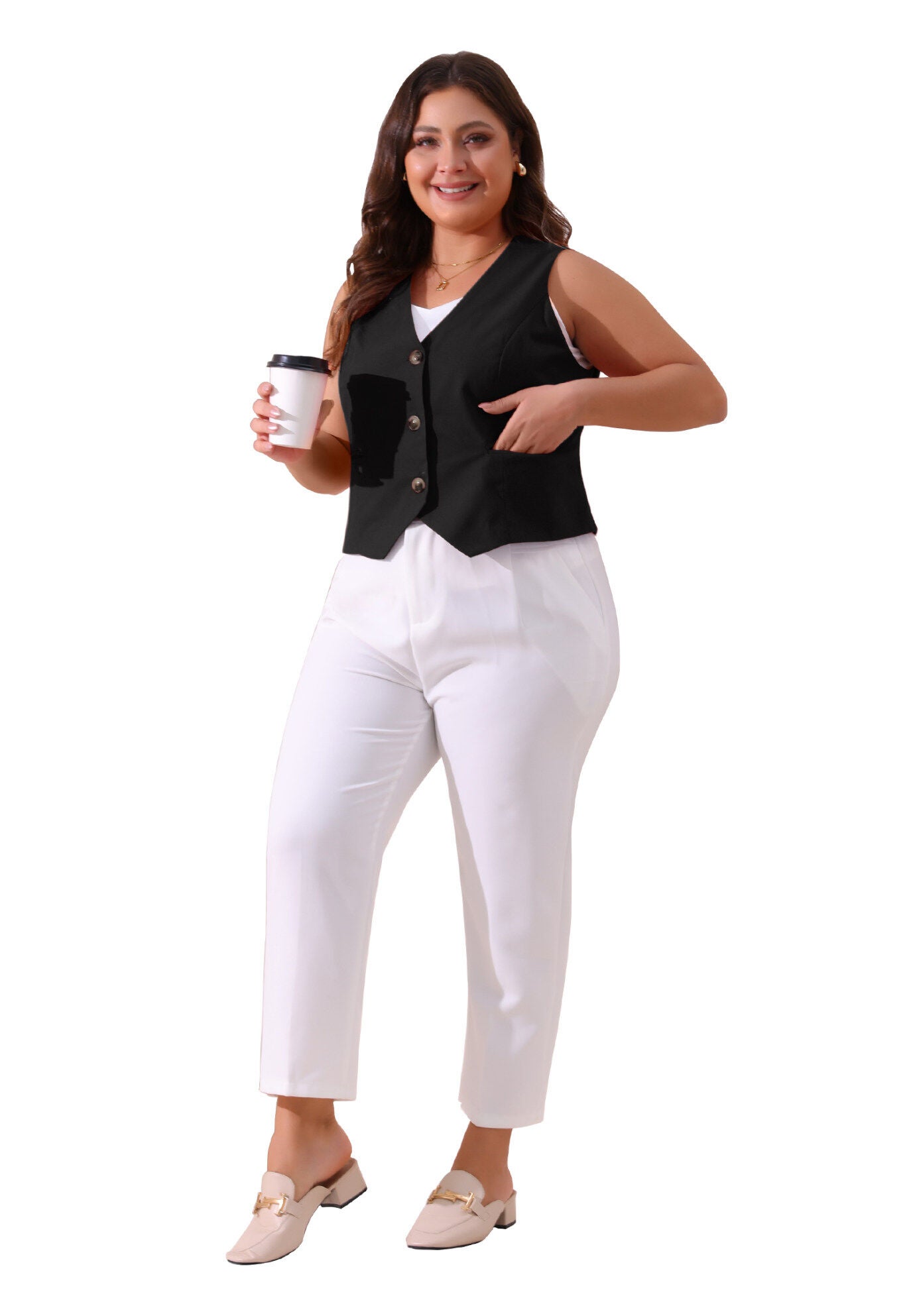 Linen Waistcoat Sleeveless Lined Vest Jacket, Black / Black, hi-res image number 0