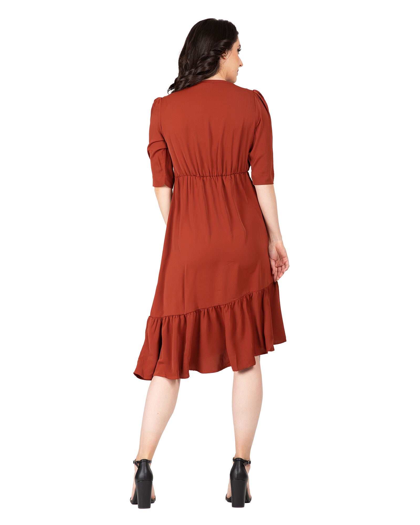 Kelsie Women&#39;s Ruched sleeve V Neck Ruffle Hem Midi Dress, Brownie / Terracotta, alternate image number 3