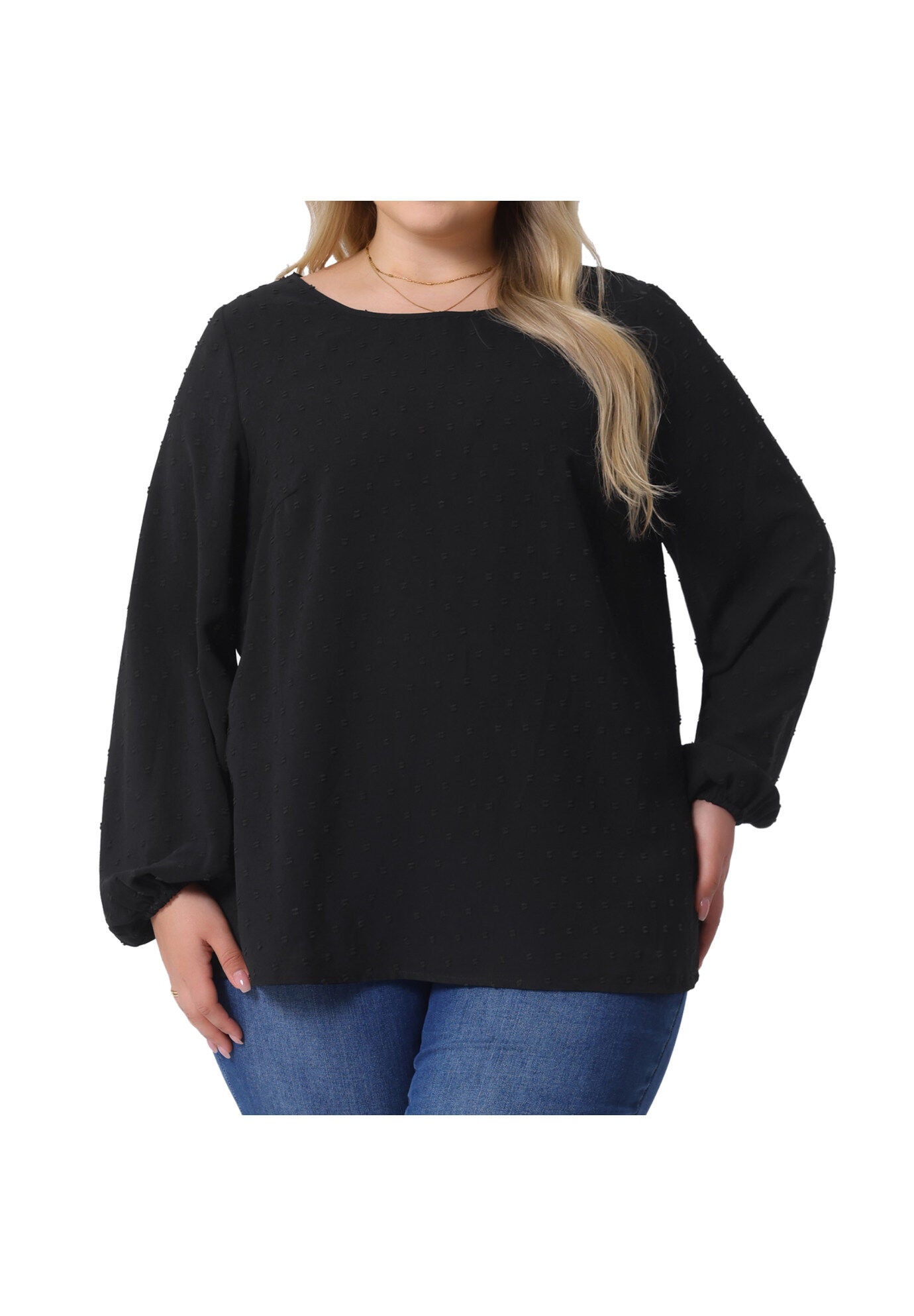 Crewneck Chiffon Blouses Swiss Dots Long Sleeve Top, Black / Black, alternate image number 2