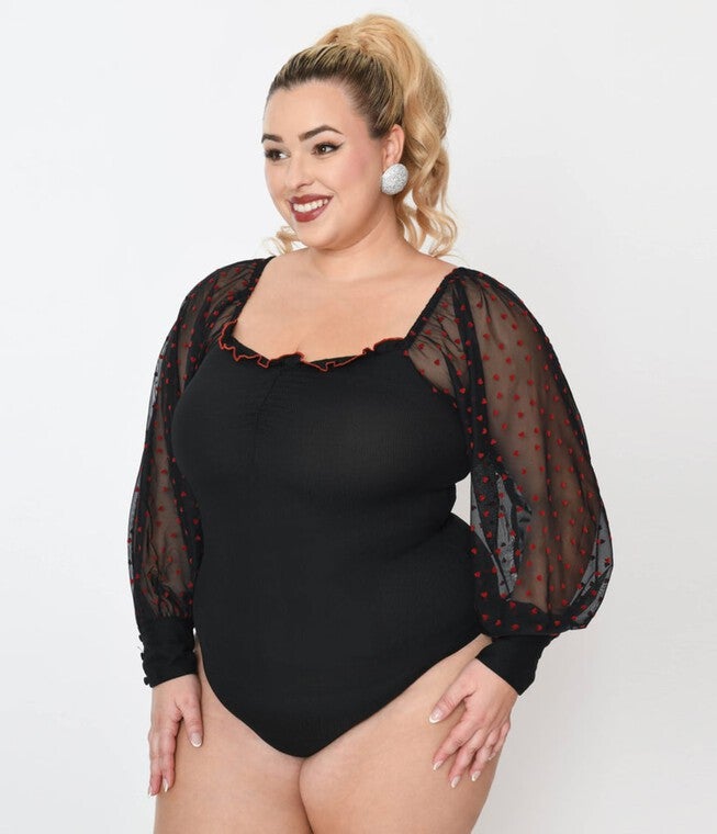 Unique Vintage Black & Red Flocked Hearts Sleeve Bodysuit, , alternate image number 4