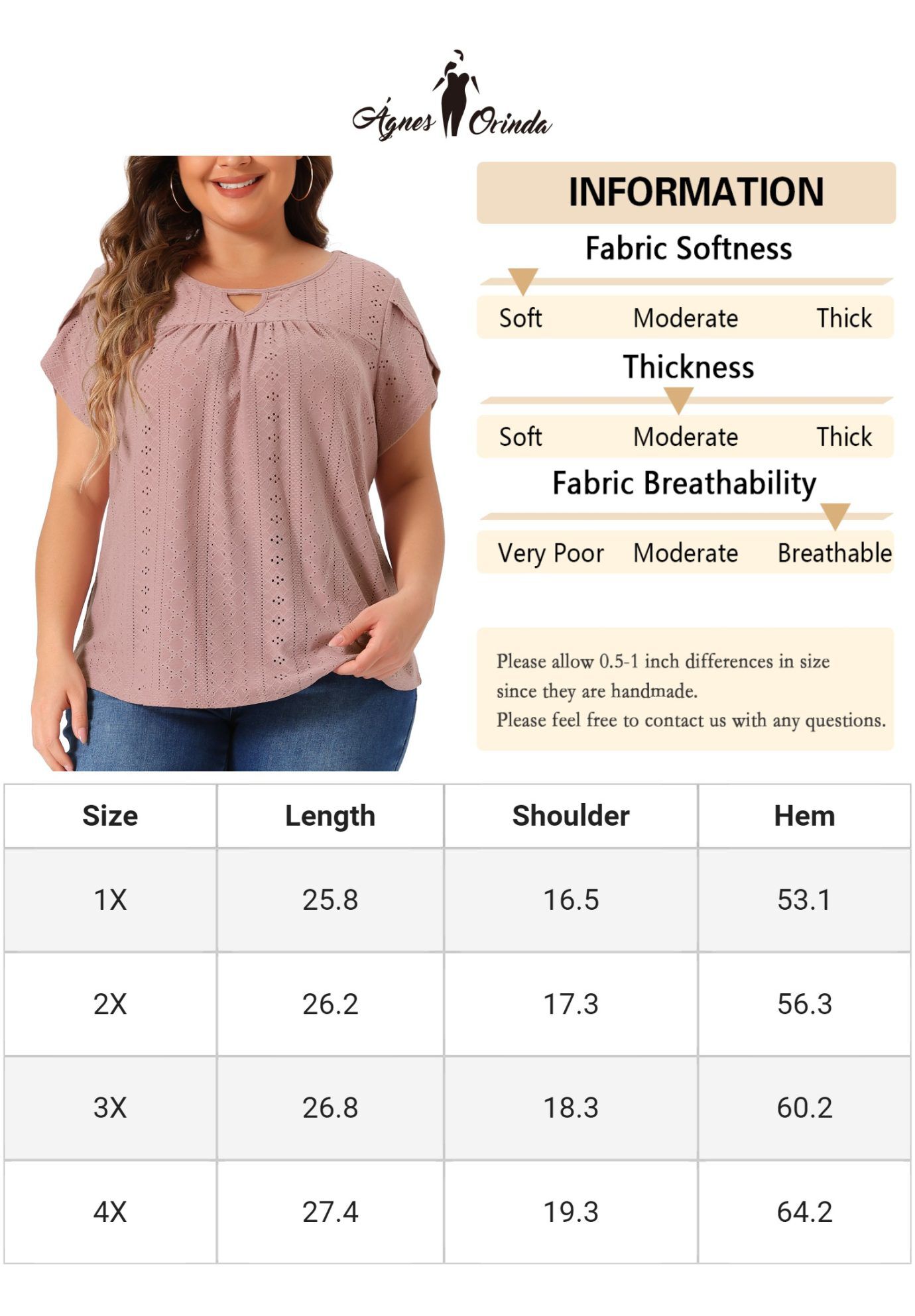 Petal Sleeve Pleated Front Key Hole Round Neck Loose Top, Pink / Pink, alternate image number 4