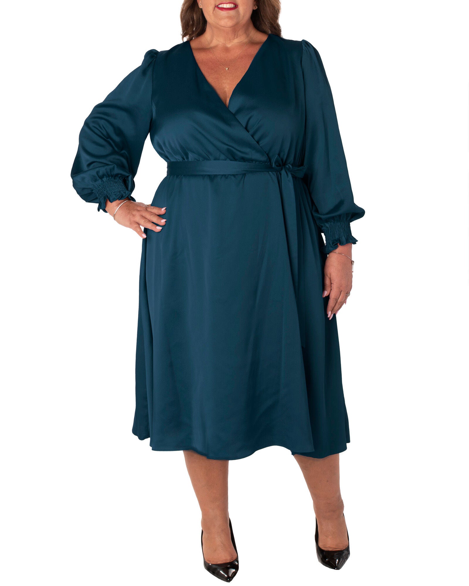 SATIN BACK CREPE BODICE LINED DRESS WITH SMOCKING, , alternate image number 4
