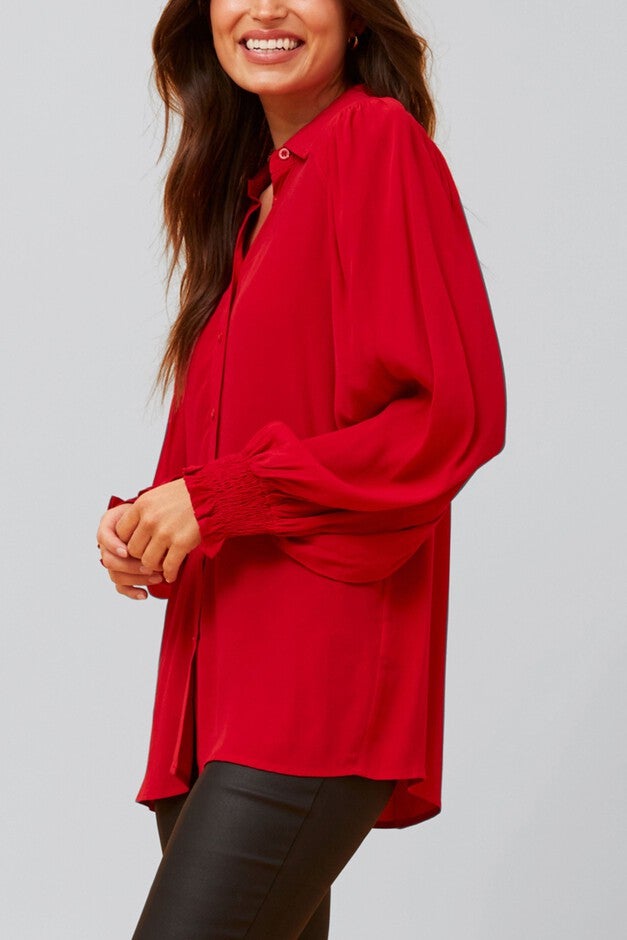Cindy Shirt Long Puffy Fitted Sleeves Solid, Red / Red, alternate image number 1