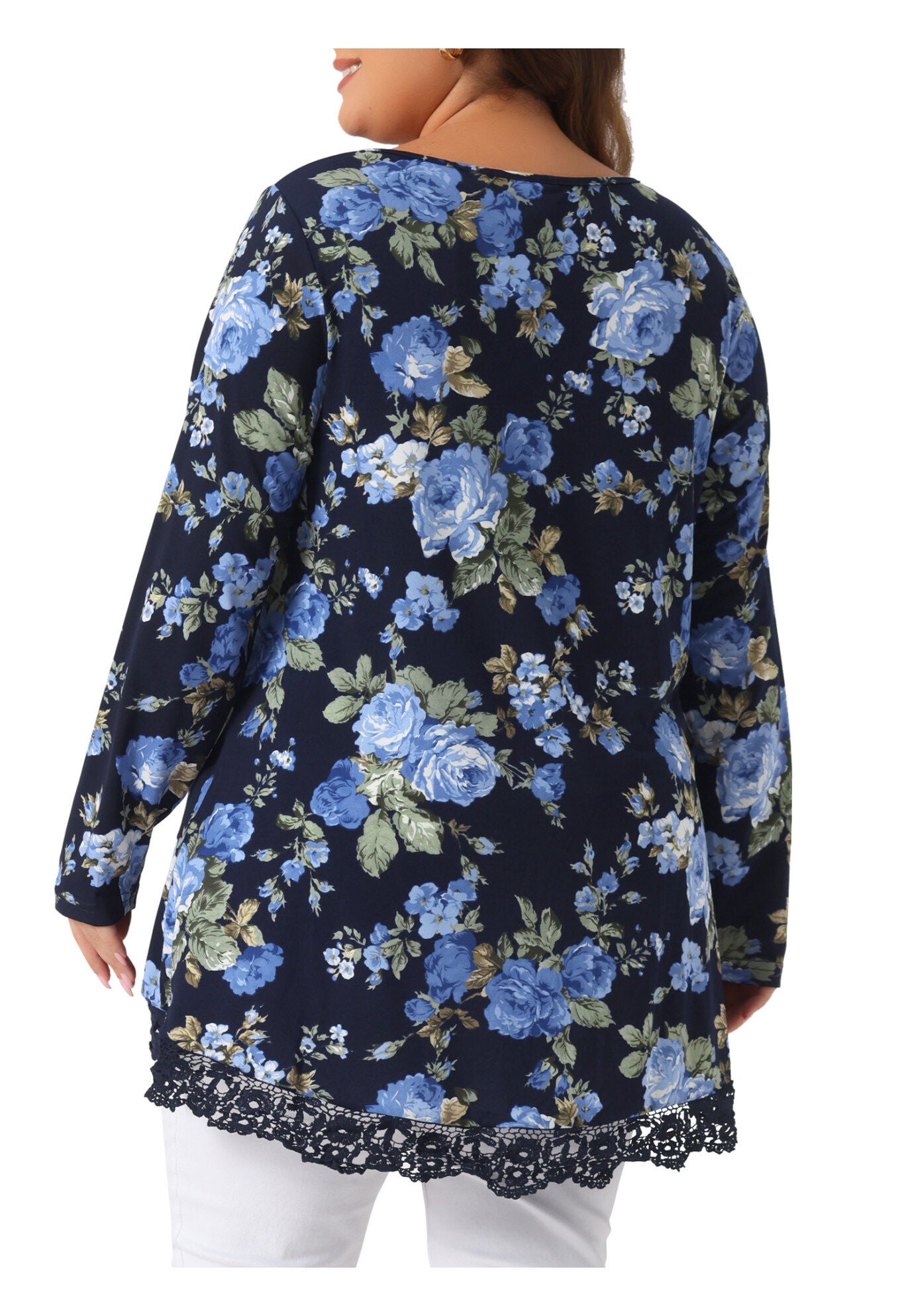 Crew Neck A-Line High Low Hem Floral Blouse, Navy Blue / Navy, alternate image number 3