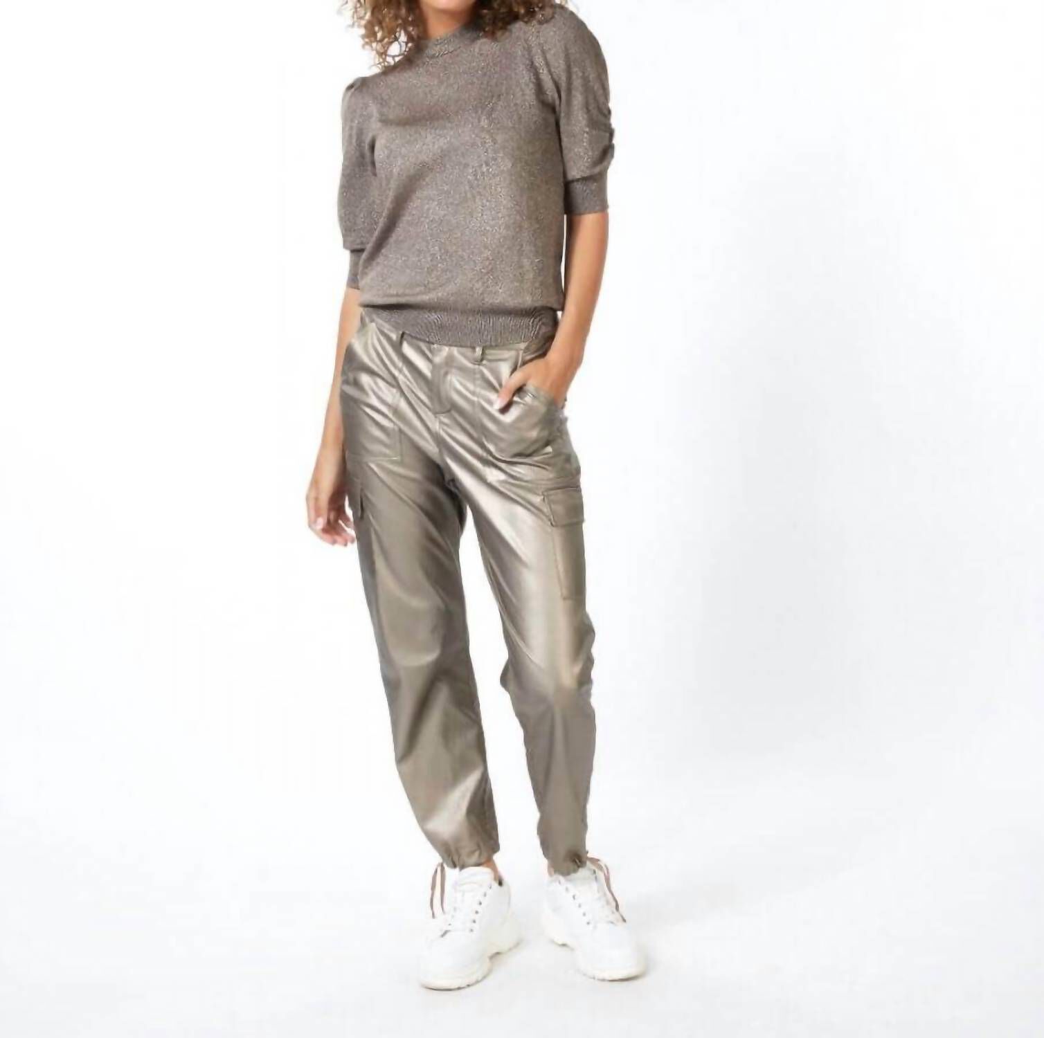 FAUX LEATHER CARGO PANTS, Soft Gold / Gold, alternate image number 1