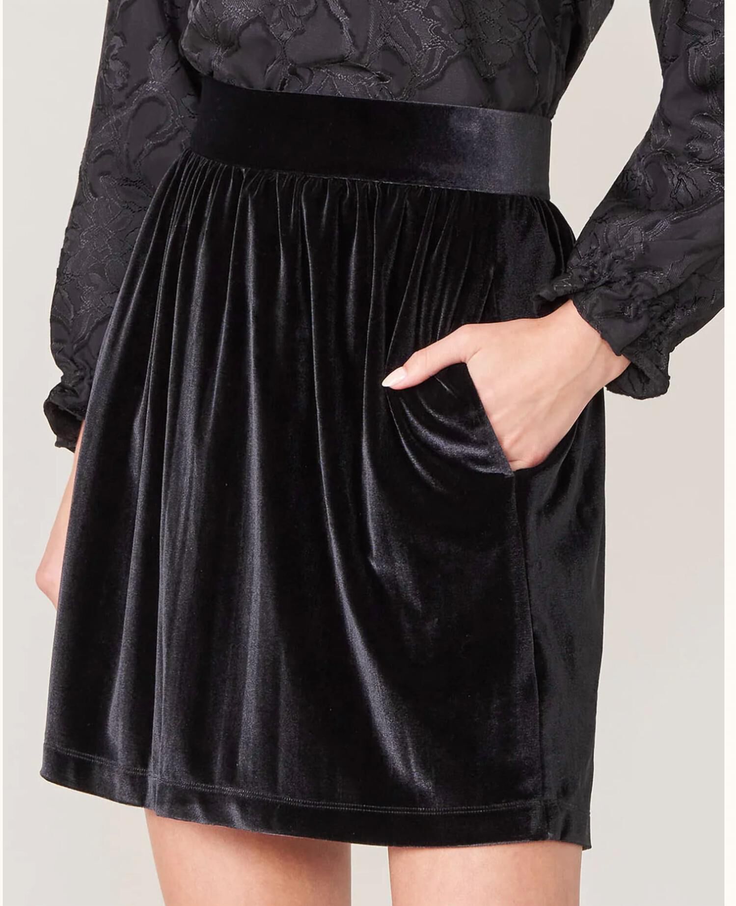 GIANNA STRETCH VELVET SKIRT IN BLACK, Black / Black, hi-res image number 0