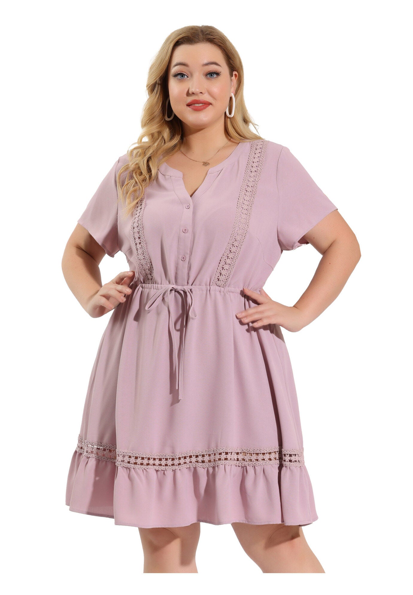 Button V Neck Summer Midi Ruffle A Line Swing Dress, Gray Purple / Pink, alternate image number 3