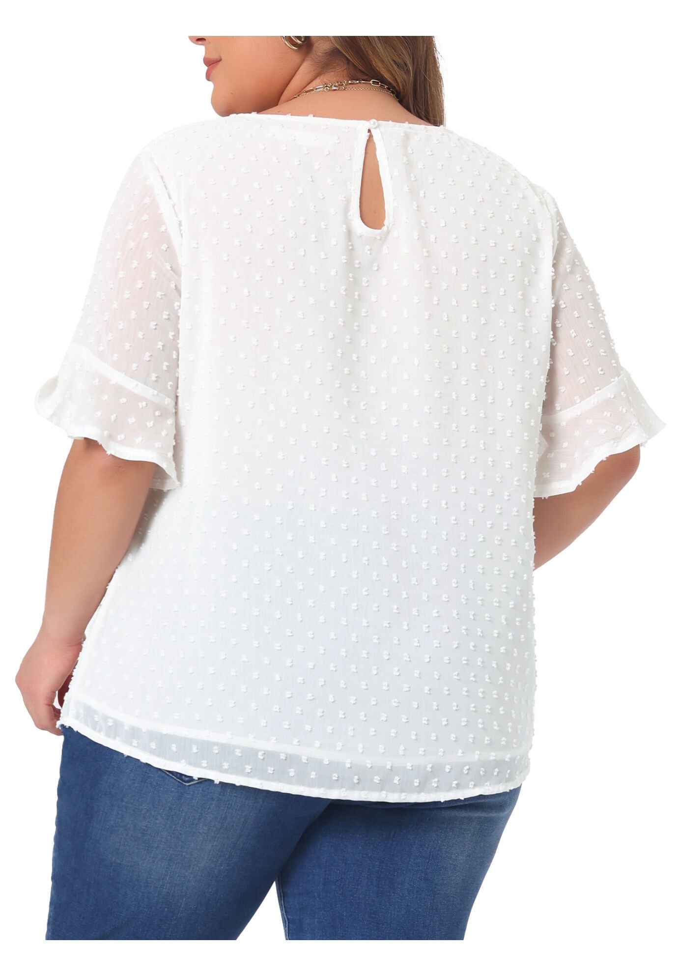 ROUND NECK RUFFLE SLEEVE SWISS DOTS TEE T-SHIRT TOP, White / White, alternate image number 2