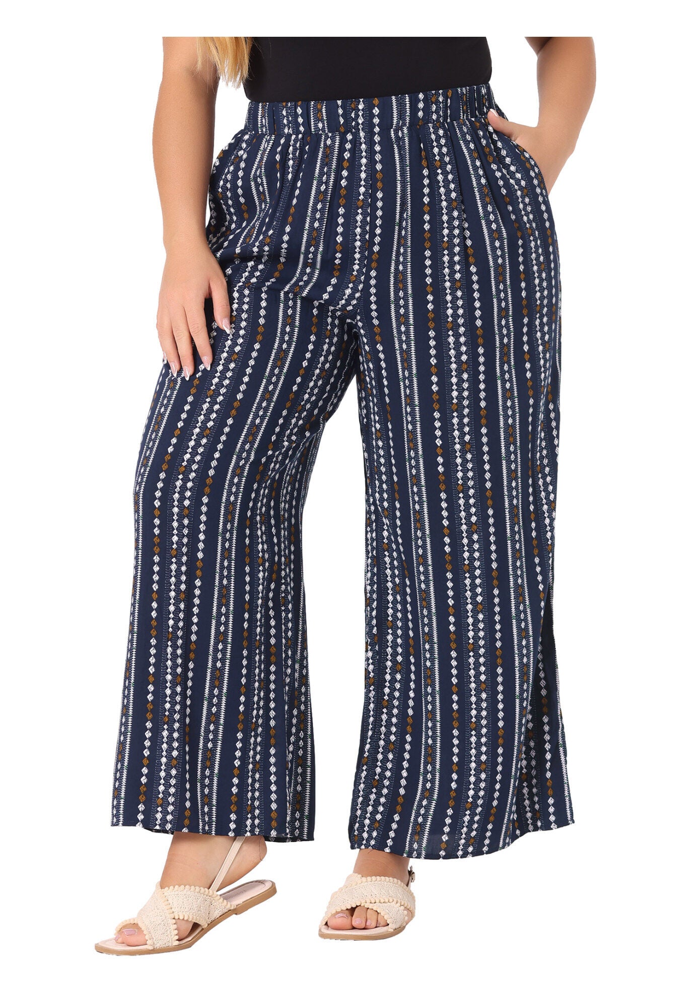 STRIPE BOHO WIDE LEG PAPER BAG PALAZZO PANTS, Navy Blue / Navy, alternate image number 1
