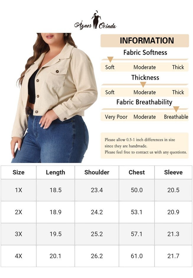 CORDUROY CROPPED BUTTON DOWN LONG SLEEVE SHIRT SHACKET JACKET, Apricot / Cream, alternate image number null