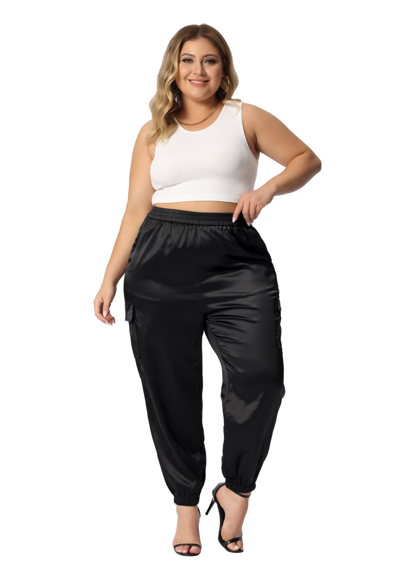 SATIN JOGGERS ELASTIC WAIST ATHLEISURE ANKLE LENGTH CARGO PANTS, Black / Black, hi-res image number 0