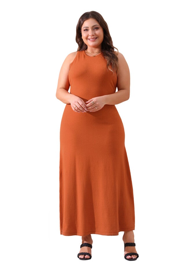 Crewneck Sleeveless Knit Casual Sweater Tank Dress, Rust Red / Burnt Orange, hi-res image number null