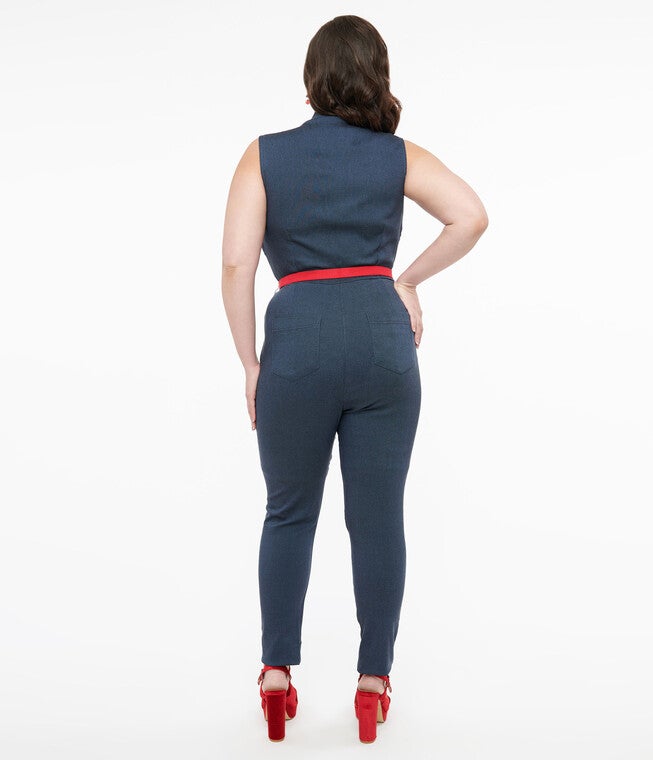 Unique Vintage Blue Denim & Red Belt Skinny Jumpsuit, , alternate image number null