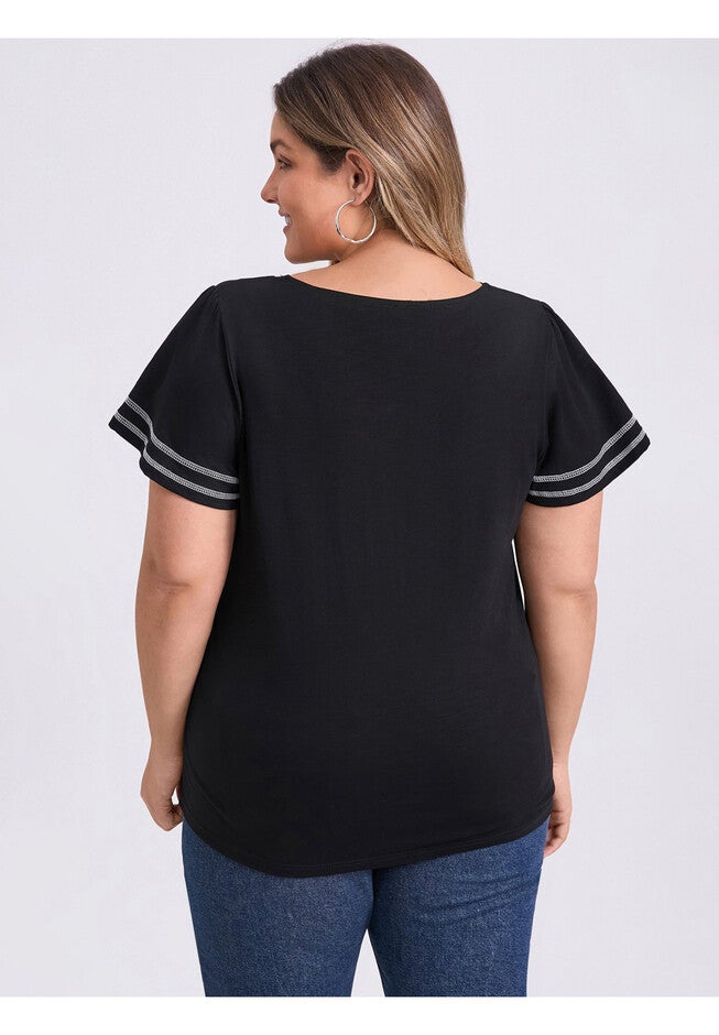 Contrasting Colors Top Ruffle Short Sleevs Tee Shirt Blouse, Black / Black, alternate image number 1